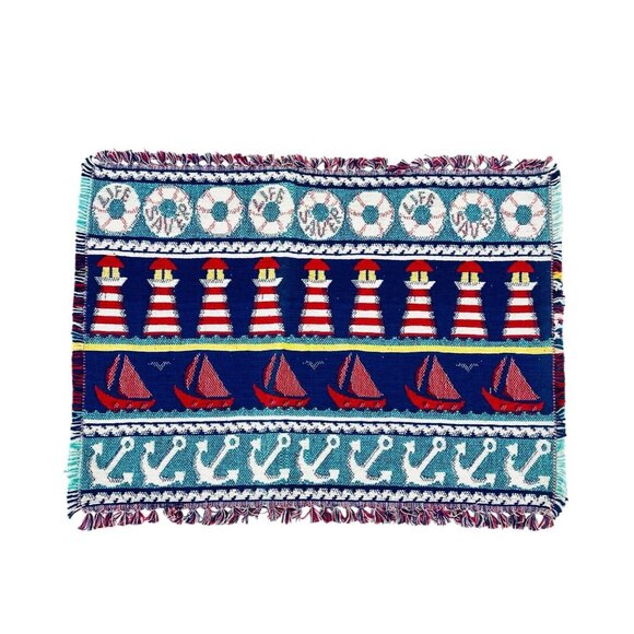 Set Of 4 Nautical Woven Placemats Sailboats Lighthouses Beach Cottage Blue Red - Picture 7 of 7